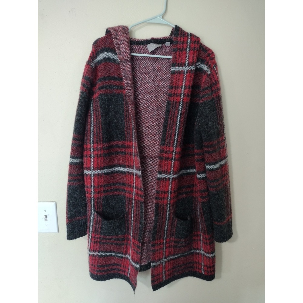 Cyrus Womens Red Plaid Hooded Open Front Cardigan Sweater XL